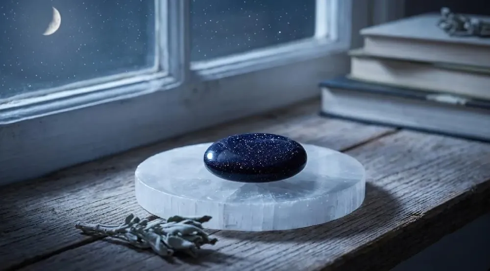 Blue sandstone crystal resting on a selenite charging plate on a wooden windowsill under a crescent moon with dried sage for cleansing